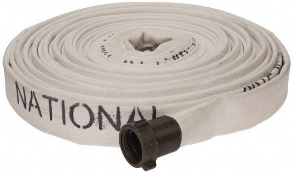 Made in USA - 1-1/2" ID x 1-3/4" OD, 150 Working psi, White Polyester/Rubber Fire Hose, Single Jacket - 1-1/2" NH/NST Ends, 100' Long, -40 to 150°F,450 Burst psi - Industrial Tool & Supply