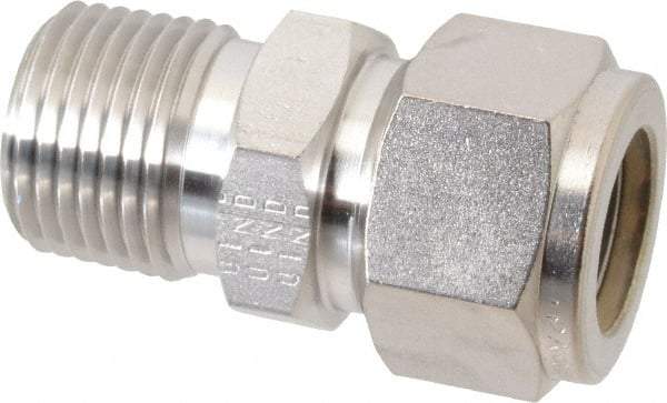 Parker - 5/8" OD, Stainless Steel Male Connector - -425 to 1,200°F, 15/16" Hex, Comp x MNPT Ends - Industrial Tool & Supply