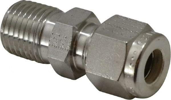 Parker - 5/16" OD, Stainless Steel Male Connector - -425 to 1,200°F, 9/16" Hex, Comp x MNPT Ends - Industrial Tool & Supply
