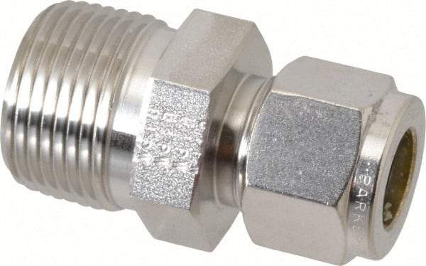 Parker - 1/2" OD, Stainless Steel Male Connector - -425 to 1,200°F, 1-1/16" Hex, Comp x MNPT Ends - Industrial Tool & Supply