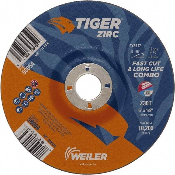 Weiler - 30 Grit, 9" Wheel Diam, 7/8" Arbor Hole, Type 27 Depressed Center Wheel - Hard Grade, Zirconia Alumina, T Hardness, 10,200 Max RPM - Industrial Tool & Supply