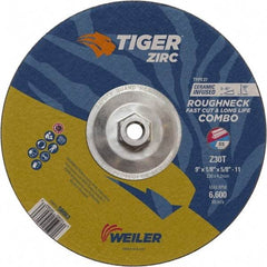 Weiler - 30 Grit, 9" Wheel Diam, Type 27 Depressed Center Wheel - Hard Grade, Zirconia Alumina, T Hardness, 6,600 Max RPM - Industrial Tool & Supply