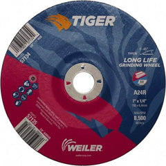 Weiler - 24 Grit, 7" Wheel Diam, 7/8" Arbor Hole, Type 28 Depressed Center Wheel - Medium Grade, Aluminum Oxide, R Hardness, 8,500 Max RPM - Industrial Tool & Supply