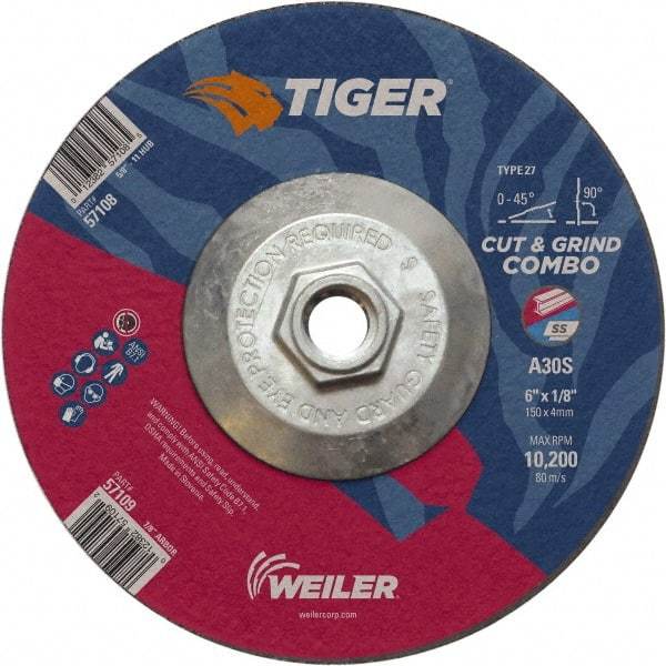 Weiler - 30 Grit, 6" Wheel Diam, Type 27 Depressed Center Wheel - Medium Grade, Aluminum Oxide, S Hardness, 10,200 Max RPM - Industrial Tool & Supply