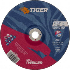 Weiler - 60 Grit, 9" Wheel Diam, 7/8" Arbor Hole, Type 27 Depressed Center Wheel - Hard Grade, Aluminum Oxide, T Hardness, 6,600 Max RPM - Industrial Tool & Supply