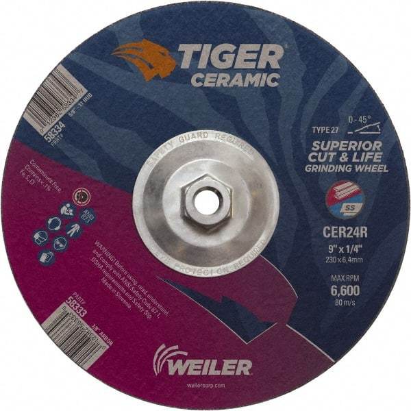 Weiler - 24 Grit, 9" Wheel Diam, Type 27 Depressed Center Wheel - Medium Grade, Ceramic, R Hardness, 6,600 Max RPM - Industrial Tool & Supply