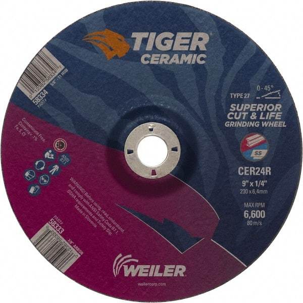 Weiler - 24 Grit, 9" Wheel Diam, 7/8" Arbor Hole, Type 27 Depressed Center Wheel - Medium Grade, Ceramic, R Hardness, 6,600 Max RPM - Industrial Tool & Supply