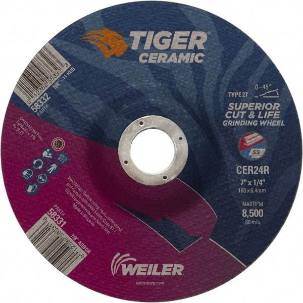 Weiler - 24 Grit, 7" Wheel Diam, 7/8" Arbor Hole, Type 27 Depressed Center Wheel - Medium Grade, Ceramic, R Hardness, 8,500 Max RPM - Industrial Tool & Supply