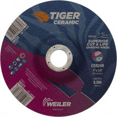 Weiler - 24 Grit, 7" Wheel Diam, 7/8" Arbor Hole, Type 27 Depressed Center Wheel - Medium Grade, Ceramic, R Hardness, 8,500 Max RPM - Industrial Tool & Supply