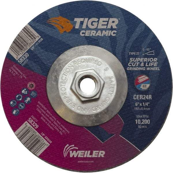 Weiler - 24 Grit, 6" Wheel Diam, Type 27 Depressed Center Wheel - Medium Grade, Ceramic, R Hardness, 10,200 Max RPM - Industrial Tool & Supply