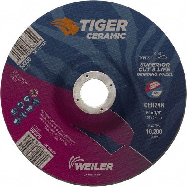 Weiler - 24 Grit, 6" Wheel Diam, 7/8" Arbor Hole, Type 27 Depressed Center Wheel - Medium Grade, Ceramic, R Hardness, 10,200 Max RPM - Industrial Tool & Supply