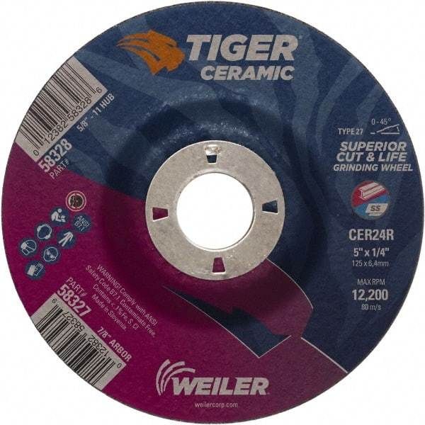 Weiler - 24 Grit, 5" Wheel Diam, 7/8" Arbor Hole, Type 27 Depressed Center Wheel - Medium Grade, Ceramic, R Hardness, 12,200 Max RPM - Industrial Tool & Supply