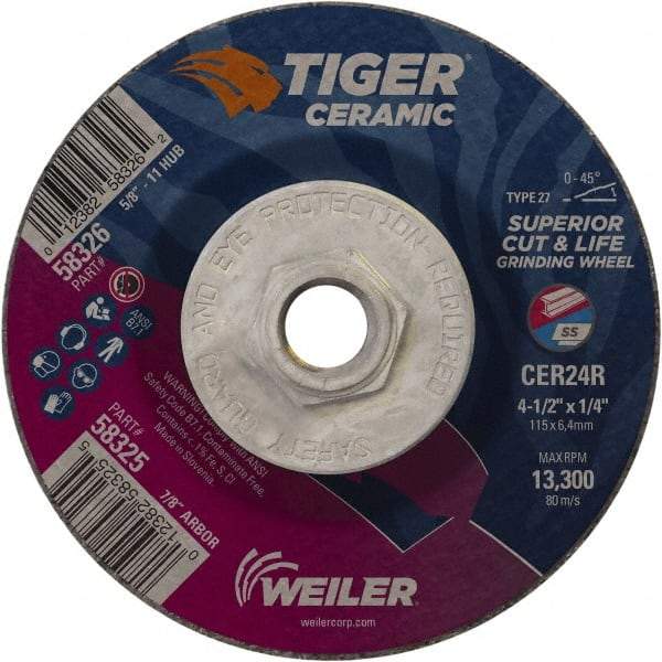 Weiler - 24 Grit, 4-1/2" Wheel Diam, Type 27 Depressed Center Wheel - Medium Grade, Ceramic, R Hardness, 13,300 Max RPM - Industrial Tool & Supply