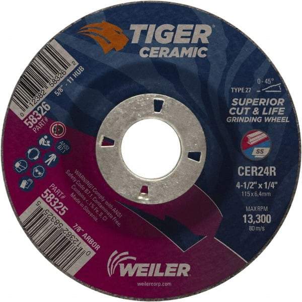 Weiler - 24 Grit, 4-1/2" Wheel Diam, 7/8" Arbor Hole, Type 27 Depressed Center Wheel - Medium Grade, Ceramic, R Hardness, 13,300 Max RPM - Industrial Tool & Supply