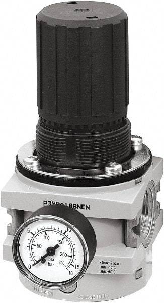 Parker - 3/4 NPT Port, 380 CFM, Aluminum Hi-Flow Regulator - 0 to 232 psi Range, 254 Max psi Supply Pressure, 1/4" Gauge Port Thread, 3-1/2" Wide x 7.2" High - Industrial Tool & Supply