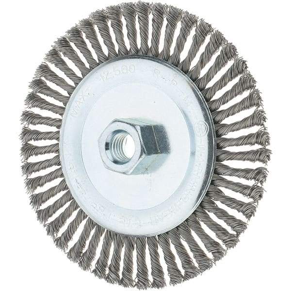 Tru-Maxx - 6" OD, 5/8-11 Arbor Hole, Stringer Bead Steel Wheel Brush - 3/16" Face Width, 1-1/8" Trim Length, 0.02" Filament Diam, 12,500 RPM - Industrial Tool & Supply