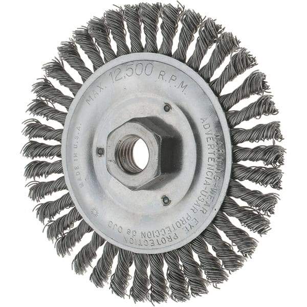 Tru-Maxx - 5" OD, 5/8-11 Arbor Hole, Stringer Bead Steel Wheel Brush - 3/16" Face Width, 7/8" Trim Length, 0.02" Filament Diam, 12,500 RPM - Industrial Tool & Supply