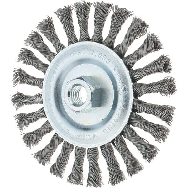 Tru-Maxx - 6" OD, 5/8-11 Arbor Hole, Knotted Steel Wheel Brush - 1/2" Face Width, 1-3/8" Trim Length, 0.02" Filament Diam, 12,500 RPM - Industrial Tool & Supply