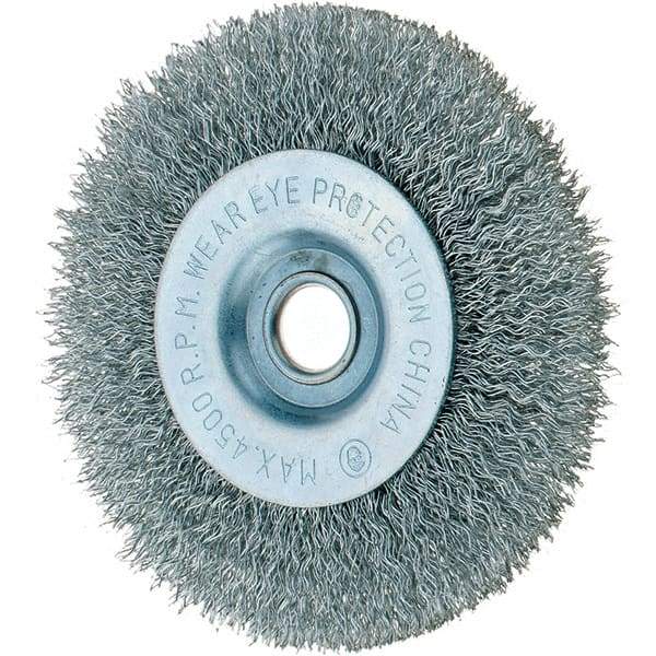 Tru-Maxx - 4" OD, 1/2" Arbor Hole, Crimped Steel Wheel Brush - 1/2" Face Width, 3/4" Trim Length, 0.014" Filament Diam, 6,000 RPM - Industrial Tool & Supply