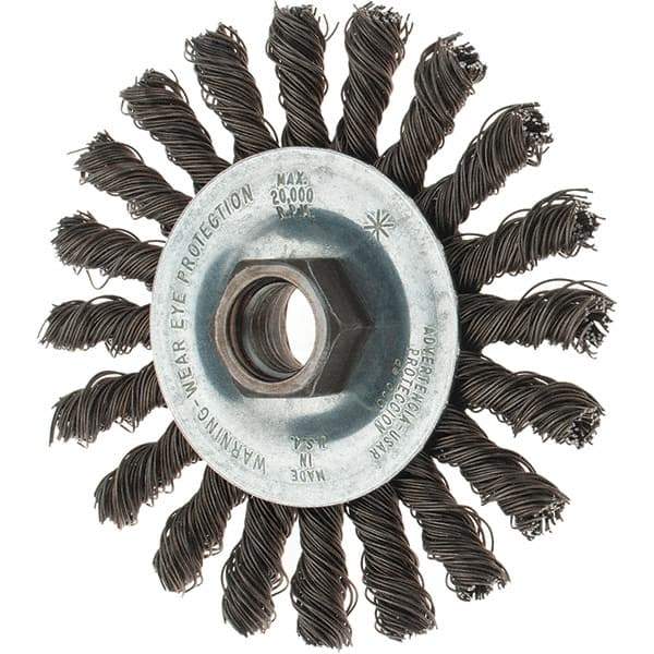 Tru-Maxx - 4" OD, 5/8-11 Arbor Hole, Knotted Steel Wheel Brush - 1/4" Face Width, 7/8" Trim Length, 0.02" Filament Diam, 20,000 RPM - Industrial Tool & Supply