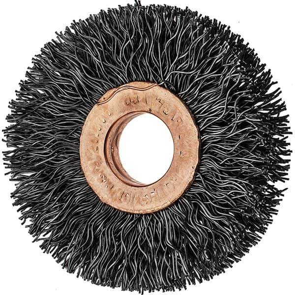 Tru-Maxx - 2" OD, 1/2" Arbor Hole, Crimped Steel Wheel Brush - 3/8" Face Width, 1/2" Trim Length, 0.014" Filament Diam, 20,000 RPM - Industrial Tool & Supply