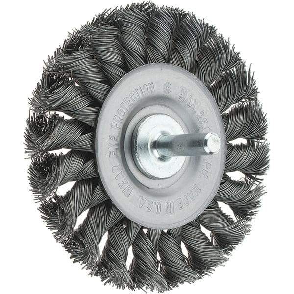 Tru-Maxx - 3-1/4" OD, 1/4" Shank Diam, Knotted Steel Wheel Brush - 3/8" Face Width, 5/8" Trim Length, 0.014" Filament Diam, 25,000 RPM - Industrial Tool & Supply