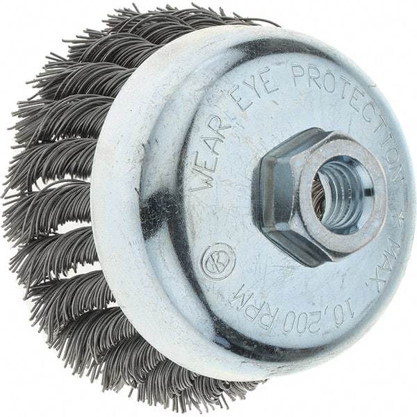 Tru-Maxx - 4" Diam, 5/8-11 Threaded Arbor, Steel Fill Cup Brush - 0.023 Wire Diam, 1-1/4" Trim Length, 10,200 Max RPM - Industrial Tool & Supply