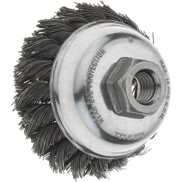 Tru-Maxx - 3-1/2" Diam, 5/8-11 Threaded Arbor, Steel Fill Cup Brush - 0.023 Wire Diam, 7/8" Trim Length, 13,000 Max RPM - Industrial Tool & Supply