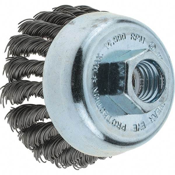 Tru-Maxx - 2-3/4" Diam, 5/8-11 Threaded Arbor, Steel Fill Cup Brush - 0.02 Wire Diam, 1" Trim Length, 14,000 Max RPM - Industrial Tool & Supply