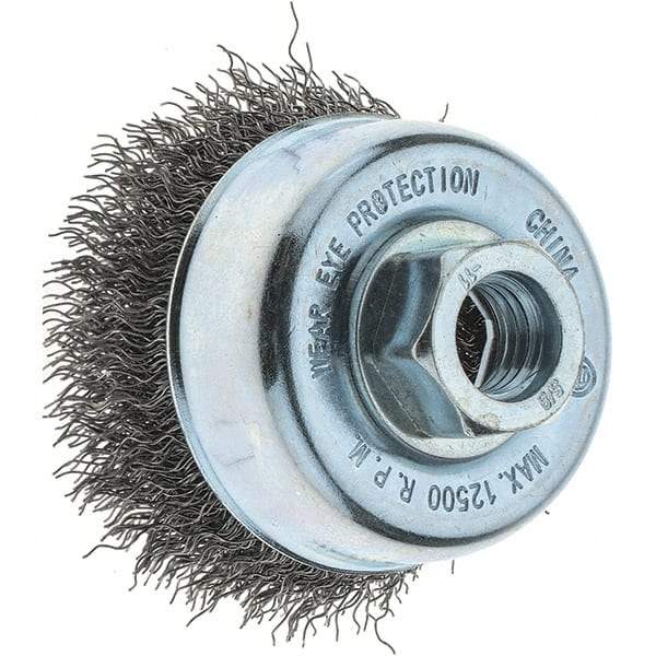 Tru-Maxx - 3" Diam, 5/8-11 Threaded Arbor, Steel Fill Cup Brush - 0.014 Wire Diam, 1" Trim Length, 14,000 Max RPM - Industrial Tool & Supply