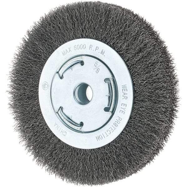 Tru-Maxx - 6" OD, 5/8-11 Arbor Hole, Crimped Steel Wheel Brush - 7/8" Face Width, 1-1/8" Trim Length, 0.014" Filament Diam, 6,000 RPM - Industrial Tool & Supply