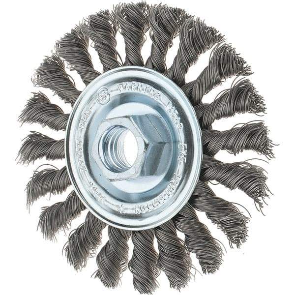 Tru-Maxx - 4" OD, 5/8-11 Arbor Hole, Knotted Steel Wheel Brush - 1/2" Face Width, 7/8" Trim Length, 0.014" Filament Diam, 20,000 RPM - Industrial Tool & Supply