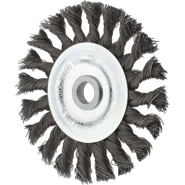 Tru-Maxx - 4" OD, 1/2" Arbor Hole, Knotted Steel Wheel Brush - 5/8" Face Width, 7/8" Trim Length, 0.014" Filament Diam, 20,000 RPM - Industrial Tool & Supply