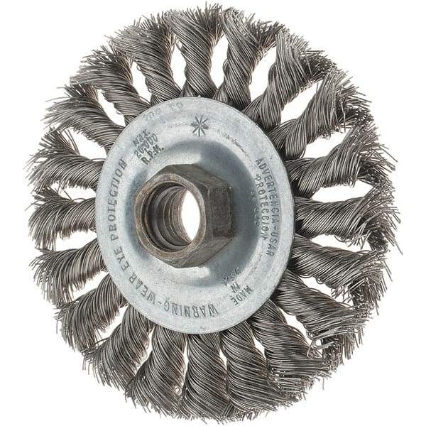 Tru-Maxx - 4" OD, 5/8-11 Arbor Hole, Knotted Stainless Steel Wheel Brush - 1/2" Face Width, 7/8" Trim Length, 0.014" Filament Diam, 20,000 RPM - Industrial Tool & Supply