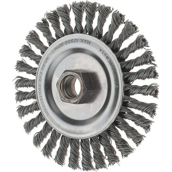 Tru-Maxx - 4-1/2" OD, 5/8-11 Arbor Hole, Stringer Bead Steel Wheel Brush - 3/16" Face Width, 13/16" Trim Length, 0.02" Filament Diam, 12,500 RPM - Industrial Tool & Supply