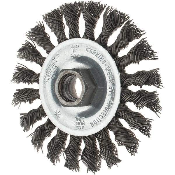 Tru-Maxx - 4" OD, 5/8-11 Arbor Hole, Knotted Steel Wheel Brush - 1/2" Face Width, 7/8" Trim Length, 0.02" Filament Diam, 20,000 RPM - Industrial Tool & Supply
