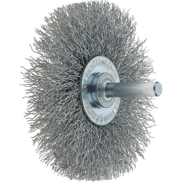 Tru-Maxx - 3" OD, 1/4" Shank Diam, Crimped Steel Wheel Brush - 1/2" Face Width, 13/16" Trim Length, 0.014" Filament Diam, 20,000 RPM - Industrial Tool & Supply