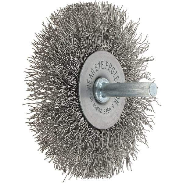 Tru-Maxx - 3" OD, 1/4" Shank Diam, Crimped Stainless Steel Wheel Brush - 1/2" Face Width, 13/16" Trim Length, 0.014" Filament Diam, 20,000 RPM - Industrial Tool & Supply
