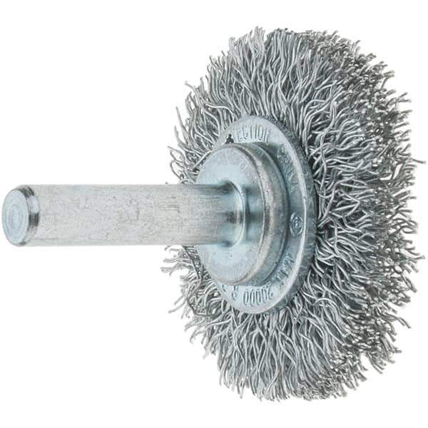 Tru-Maxx - 1-1/2" OD, 1/4" Shank Diam, Crimped Steel Wheel Brush - 1/4" Face Width, 3/8" Trim Length, 0.0118" Filament Diam, 20,000 RPM - Industrial Tool & Supply