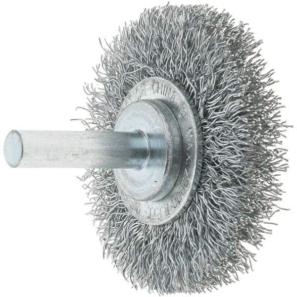 Tru-Maxx - 2" OD, 1/4" Shank Diam, Crimped Steel Wheel Brush - 3/8" Face Width, 7/16" Trim Length, 0.014" Filament Diam, 20,000 RPM - Industrial Tool & Supply