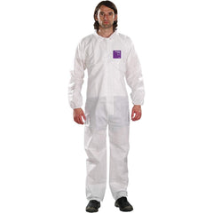 Disposable Coveralls: Size 4X-Large, 1.47 oz, SMS, Zipper Closure White, Serged Seam, Elastic Cuff, Elastic Ankle, ISO Non-Cleanroom Class