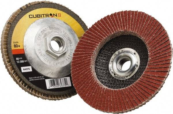 3M - 80 Grit, 4-1/2" Disc Diam, 5/8-11 Center Hole, Type 27 Ceramic Flap Disc - 13,300 Max RPM, Polyester Backing, Arbor Attaching System, Coated - Industrial Tool & Supply