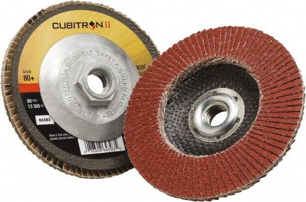 3M - 80 Grit, 5" Disc Diam, 5/8-11 Center Hole, Type 29 Ceramic Flap Disc - 12,100 Max RPM, Polyester Backing, Arbor Attaching System, Coated - Industrial Tool & Supply
