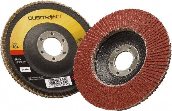 3M - 40 Grit, 4-1/2" Disc Diam, 7/8" Center Hole, Type 29 Ceramic Flap Disc - 13,300 Max RPM, Polyester Backing, Arbor Attaching System, Coated - Industrial Tool & Supply