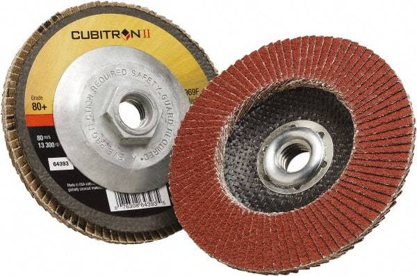 3M - 80 Grit, 4-1/2" Disc Diam, 5/8-11 Center Hole, Type 29 Ceramic Flap Disc - 13,300 Max RPM, Polyester Backing, Arbor Attaching System, Coated - Industrial Tool & Supply