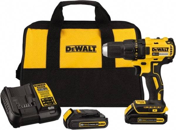 DeWALT - 20 Volt 1/2" Chuck Mid-Handle Cordless Drill - 0-1600 RPM, Reversible, 2 Lithium-Ion Batteries Included - Industrial Tool & Supply