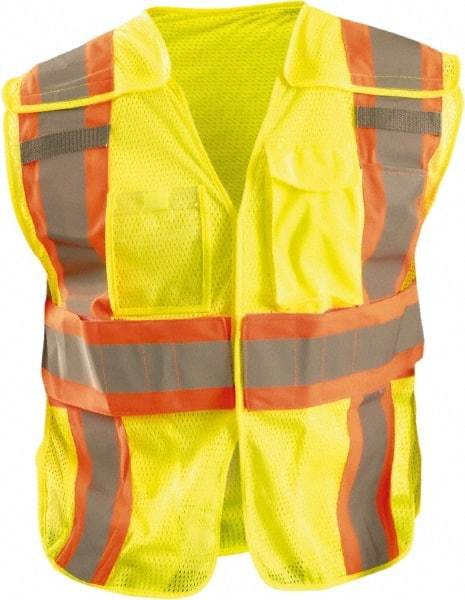 OccuNomix - Size 3X/4XL High Visibility Yellow Mesh Expandable Vest - 58 to 64" Chest, ANSI 107-2015, Hook & Loop Closure, 3 Pockets, Polyester - Industrial Tool & Supply