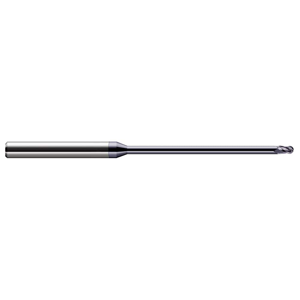 Ball End Mill: 0.015″ Dia, 0.022″ LOC, 3 Flute, Solid Carbide 2-1/2″ OAL, 1/8″ Shank Dia, 30 ° Helix, AlTiN Coated, Single End