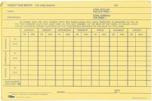 TOPS - 29/32" High x 6-51/64" Wide Weekly Time Cards - Use with Manual Time Record - Industrial Tool & Supply