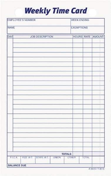 TOPS - 1" High x 4-19/64" Wide Weekly Time Cards - Use with Manual Time Record - Industrial Tool & Supply